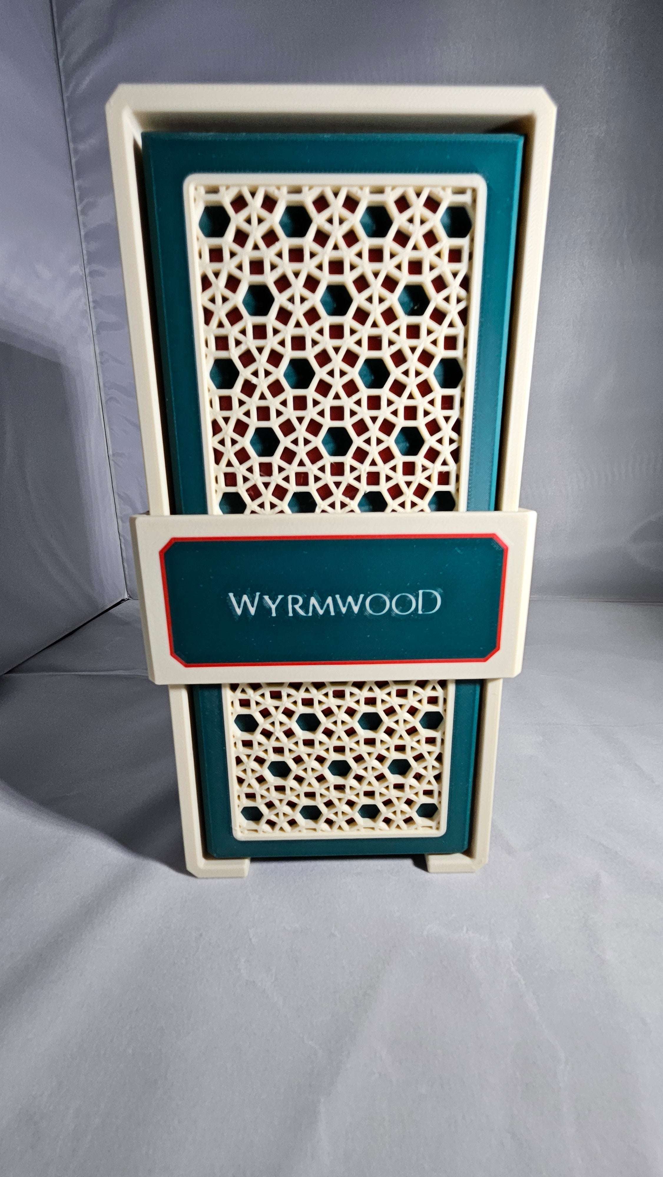 Wyrmwood Dice Tower System, Kumiko pattern, teal and cream