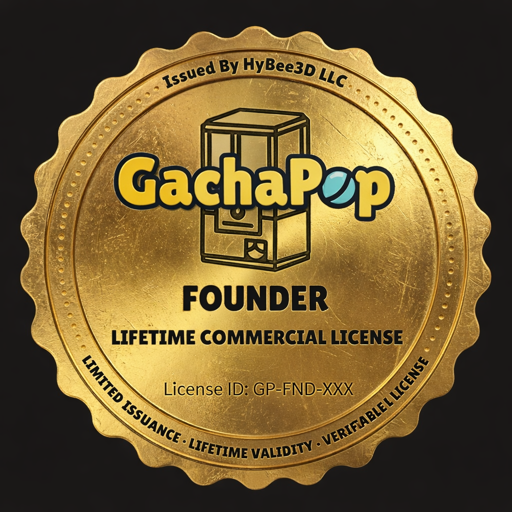 GachaPop Founder commercial license certificate with verification QR code