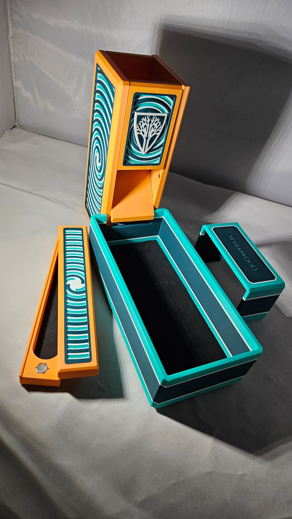 Wyrmwood Dice Tower System, Spiral pattern, teal and orange
