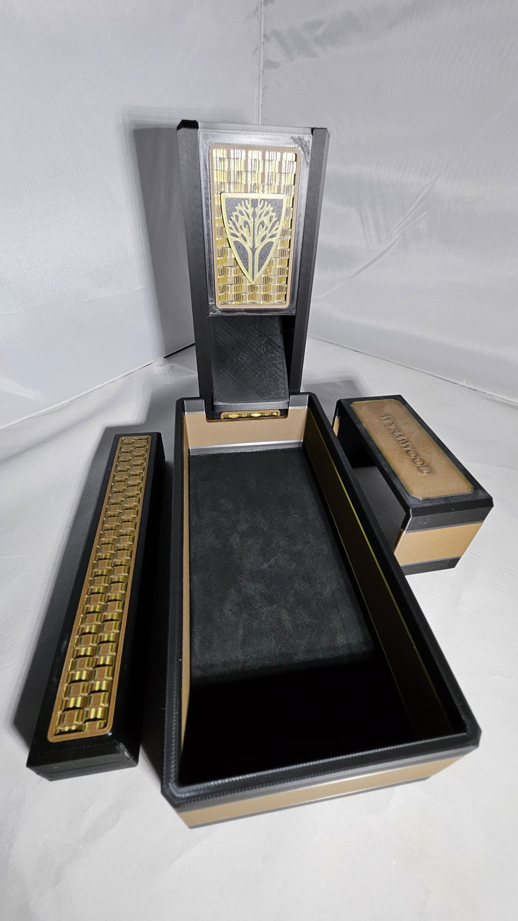 Wyrmwood Dice Tower System, Inverse Weave pattern, black and gold