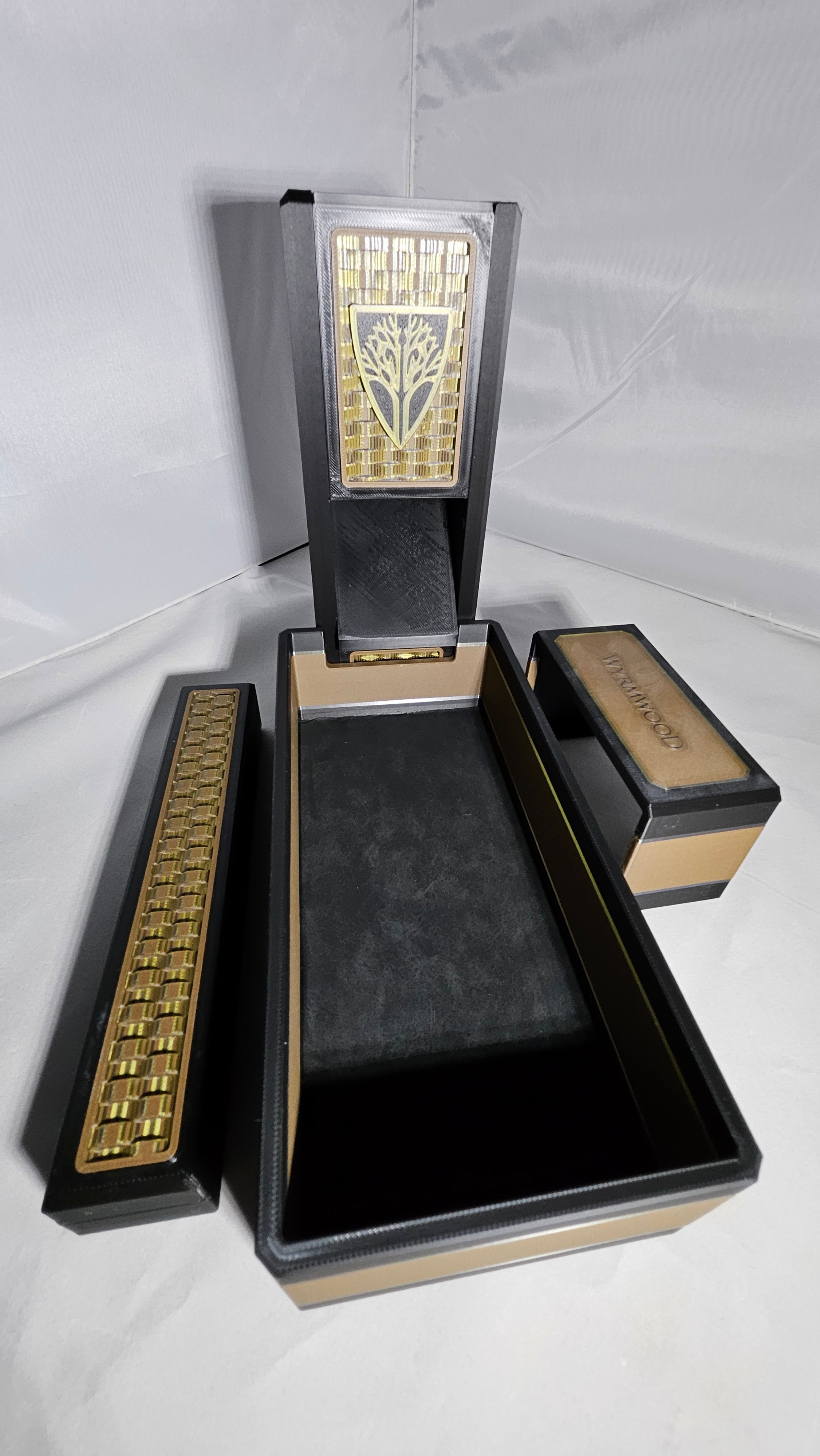 Wyrmwood Dice Tower System, Inverse Weave pattern, black and gold